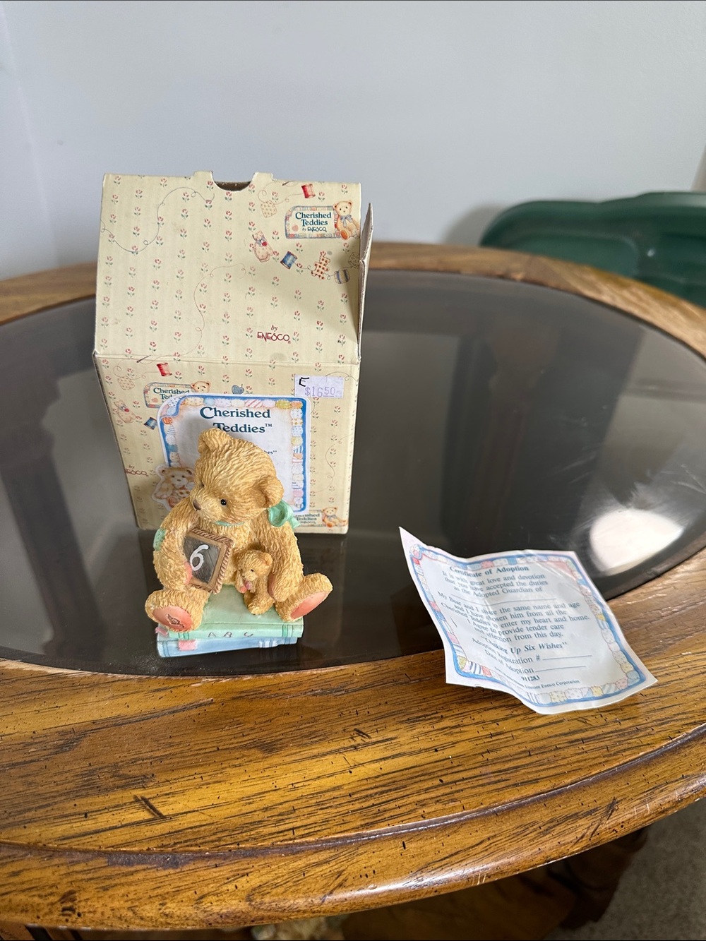 Cherished Teddies Beige Bear Figurine with Green Bow and Number 6